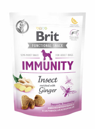 Funktioneller Snack zur Unterstützung der Immunität deines Hundes. Enthält Insekten, angereichert mit Ingwer, Vitamin C und Lactobacillus acidophilus Bakterien. Ideal für Hunde mit einem empfindlichen Immunsystem.