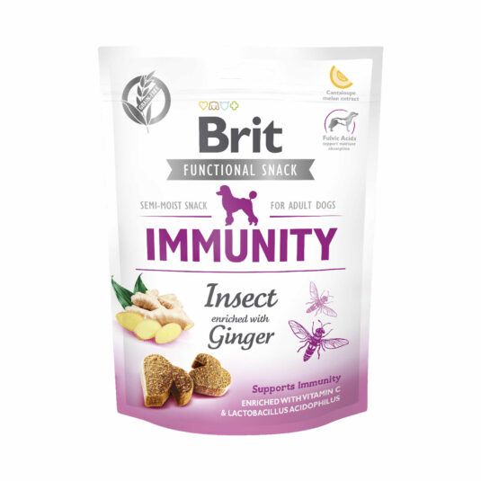 Funktioneller Snack zur Unterstützung der Immunität deines Hundes. Enthält Insekten, angereichert mit Ingwer, Vitamin C und Lactobacillus acidophilus Bakterien. Ideal für Hunde mit einem empfindlichen Immunsystem.