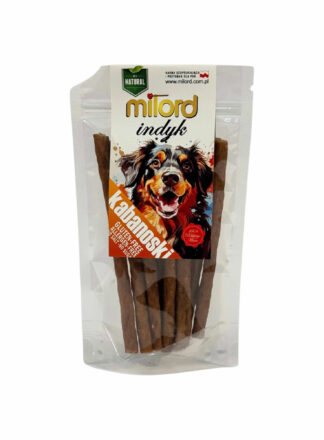 Ein Snack auf Truthahnbasis, der für Hunde mit empfindlichem Verdauungssystem geeignet ist. Glutenfreies Produkt in versiegelter Verpackung mit Hundegrafik und "Turkey"-Kennzeichnung.