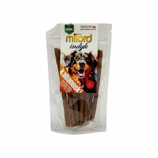 Ein Snack auf Truthahnbasis, der für Hunde mit empfindlichem Verdauungssystem geeignet ist. Glutenfreies Produkt in versiegelter Verpackung mit Hundegrafik und "Turkey"-Kennzeichnung.