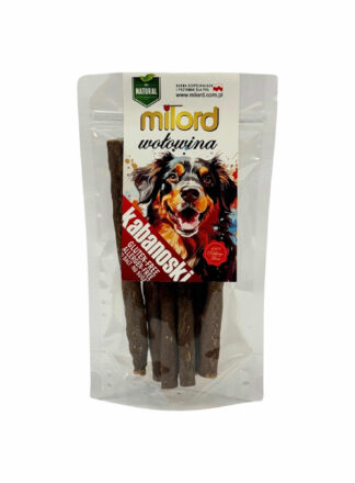 Ein natürliches Hundeleckerli mit Rindfleisch als Hauptzutat. Glutenfreies Produkt, geeignet für Hunde aller Rassen. Verpackt in einer transparenten Folie mit einem bunten Bild eines Hundes auf dem Etikett.