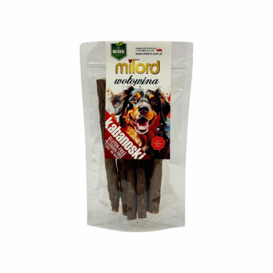 Ein natürliches Hundeleckerli mit Rindfleisch als Hauptzutat. Glutenfreies Produkt, geeignet für Hunde aller Rassen. Verpackt in einer transparenten Folie mit einem bunten Bild eines Hundes auf dem Etikett.