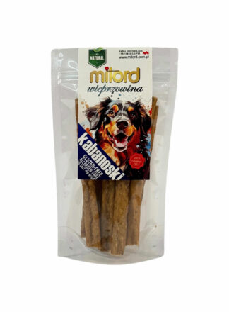 Snack aus Schweinefleisch, der für Hunde aller Rassen geeignet ist. Die natürliche Zusammensetzung und das Fehlen von Gluten sind die besonderen Merkmale dieses Produkts. Auf dem Etikett sind ein farbenfroher Aufdruck eines Hundes und die Angabe "Pork" zu sehen.