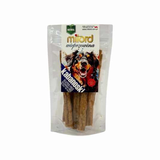 Snack aus Schweinefleisch, der für Hunde aller Rassen geeignet ist. Die natürliche Zusammensetzung und das Fehlen von Gluten sind die besonderen Merkmale dieses Produkts. Auf dem Etikett sind ein farbenfroher Aufdruck eines Hundes und die Angabe "Pork" zu sehen.