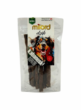 Ein Leckerli aus Wildschwein, ideal für Hunde, die natürliche und gesunde Snacks schätzen. Ohne Zusatz von Gluten. Die Verpackung ist mit einem Aufdruck versehen, der den Hund zeigt und Wildfleisch als Zutat deutlich kennzeichnet.