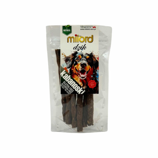 Ein Leckerli aus Wildschwein, ideal für Hunde, die natürliche und gesunde Snacks schätzen. Ohne Zusatz von Gluten. Die Verpackung ist mit einem Aufdruck versehen, der den Hund zeigt und Wildfleisch als Zutat deutlich kennzeichnet.