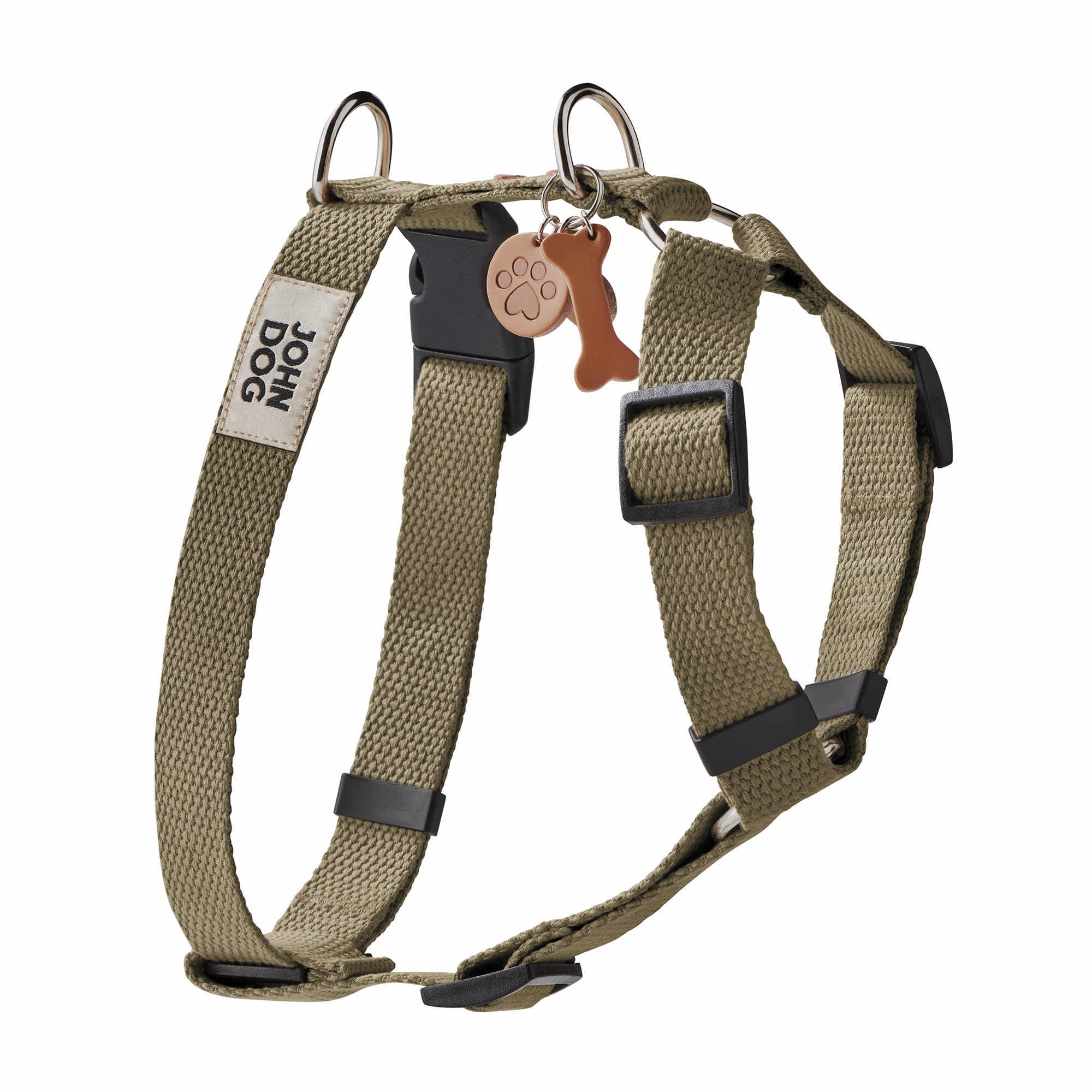 Grünes Schutzgeschirr mit Schlüsselring aus Leder mit Knöchel, Hundepfote und Herz und herzförmigen Nieten in Braun. Produkt aus der MANIFEST-Kollektion von John Dog.