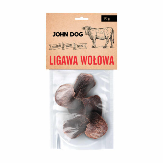 Ein natürlicher Snack für deinen Hund, Rindfleisch-Ligaw von John Dog in einer Waimaraner-Hasenpackung. Ein 100% natürlicher Kausnack.