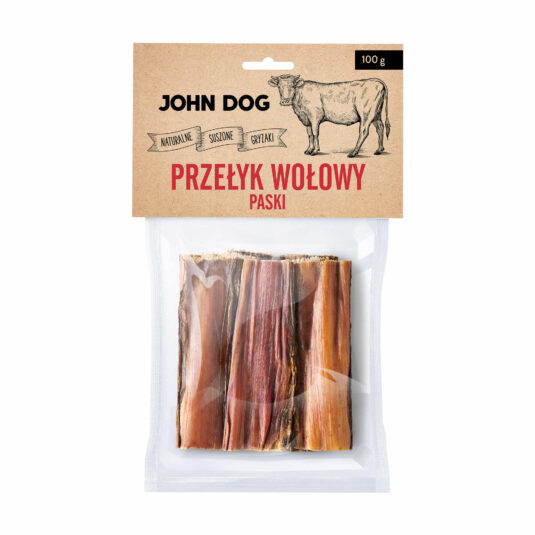Ein strapazierfähiger und langlebiger natürlicher Kauartikel für Hunde, Speiseröhre vom Rind in Streifenform von John Dog. Kauartikel ohne Konservierungs- und Farbstoffe.