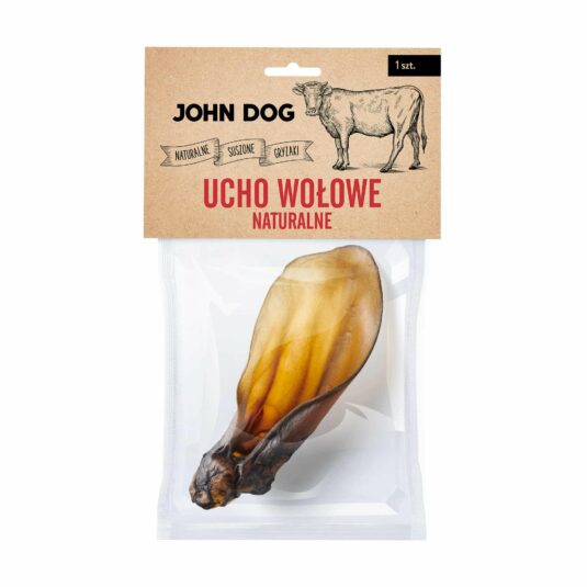 Strapazierfähiger und langlebiger, 100% natürlicher Hundekauartikel, natürliches Rinderohr von John Dog. Kauartikel ohne Konservierungs- und Farbstoffe.