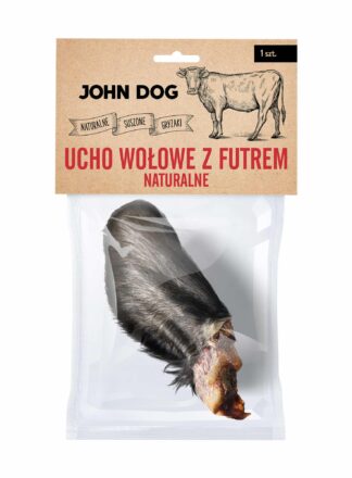 Haltbarer und langlebiger, 100% natürlicher Kauartikel für Hunde, natürliches Rinderohr mit Haaren von John Dog. Kauartikel ohne Konservierungs- und Farbstoffe.
