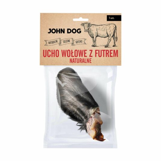 Haltbarer und langlebiger, 100% natürlicher Kauartikel für Hunde, natürliches Rinderohr mit Haaren von John Dog. Kauartikel ohne Konservierungs- und Farbstoffe.