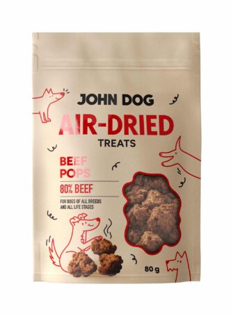 Vorderseite der Packung John Dog Air-Dried Beef Pops Leckerlis. Sichtbarer Produktname, Abbildung eines Hundes und Blick auf die Leckerlis im Inneren.