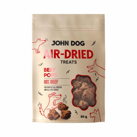 Vorderseite der Packung John Dog Air-Dried Beef Pops Leckerlis. Sichtbarer Produktname, Abbildung eines Hundes und Blick auf die Leckerlis im Inneren.