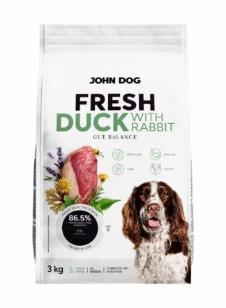Abbildung eines weißen 3 kg-Beutels mit Hundetrockenfutter aus der Fresh-Reihe von John Dog. Auf der Vorderseite der Packung steht "FRISCHE ENTE MIT KANINCHEN" und das Etikett zeigt ein Stück Enten- und Kaninchenfleisch, umgeben von Kräutern. In der unteren rechten Ecke ist ein Hund abgebildet.