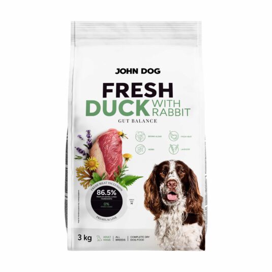 Abbildung eines weißen 3 kg-Beutels mit Hundetrockenfutter aus der Fresh-Reihe von John Dog. Auf der Vorderseite der Packung steht "FRISCHE ENTE MIT KANINCHEN" und das Etikett zeigt ein Stück Enten- und Kaninchenfleisch, umgeben von Kräutern. In der unteren rechten Ecke ist ein Hund abgebildet.