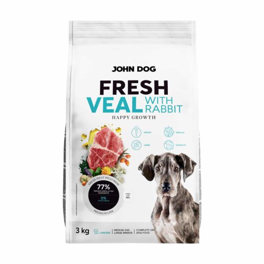 Abbildung eines weißen 3kg-Beutels Fresh John Dog Trockenfutter für Hunde, die für Junioren bestimmt sind. Auf der Vorderseite steht "FRISCHES KALBSFLEISCH MIT KANINCHEN" und ein Bild von Kalb- und Kaninchenfleischstücken, umgeben von Gemüse und Kräutern. In der unteren rechten Ecke ist ein junger Hund abgebildet.