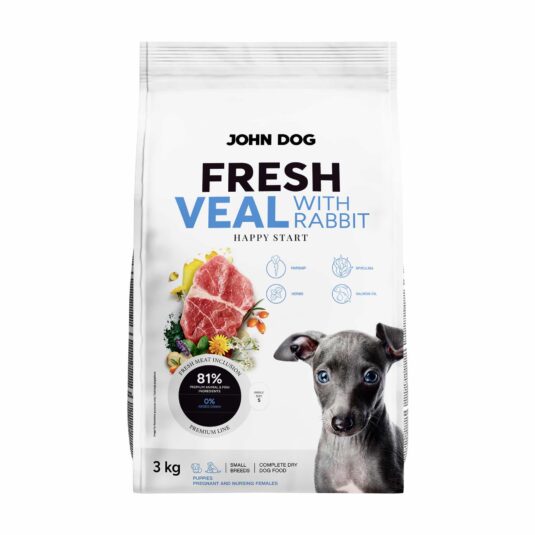 Bild eines weißen 3kg-Beutels Fresh John Dog Trockenfutter für Welpen. Auf dem Etikett steht "FRISCHES KALBSFLEISCH MIT KANINCHEN" und es zeigt ein Bild von Kalb- und Kaninchenfleischstücken, umgeben von Gemüse und Kräutern. In der unteren rechten Ecke ist ein kleiner Hund abgebildet.