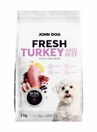 Abbildung eines weißen 3 kg-Beutels Hunde-Trockenfutter der Marke Fresh John Dog. Auf der Vorderseite befindet sich ein Etikett mit der Aufschrift "FRISCHES PUTEN- UND RINDFLEISCH" und einem Bild von Puten- und Rindfleischstücken, umgeben von Obst und Kräutern. In der unteren rechten Ecke ist ein weißer Hund abgebildet.