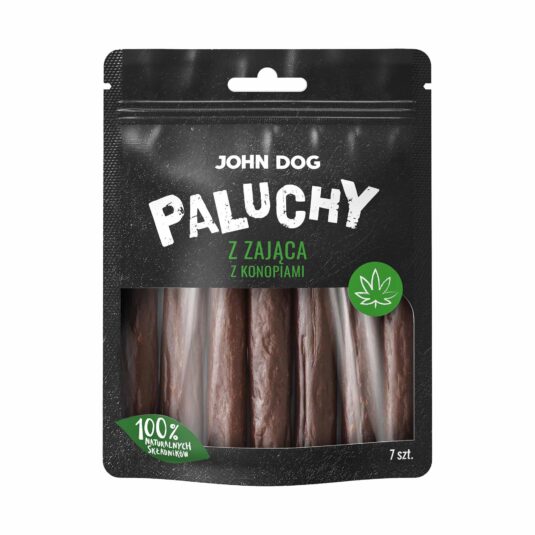 Hundeleckerlis in Form von Hasenfleischstäbchen mit Hanfzusatz. Schwarze Verpackung mit einem transparenten Fenster, damit du das Produkt sehen kannst. Enthält den Hinweis "100% natürliche Zutaten" und ein grünes Hanfsymbol.