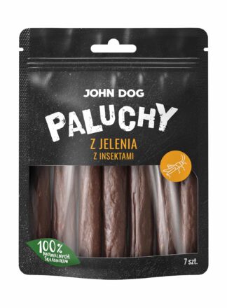 Fleischige Hundefinger aus Hirschfleisch mit zugesetztem Insektenprotein. Mattschwarze Tüte mit einem transparenten Fenster, das das Produkt zeigt. Auf der Verpackung steht "100% natürliche Zutaten" und ein orangefarbenes Insektensymbol.