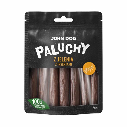 Fleischige Hundefinger aus Hirschfleisch mit zugesetztem Insektenprotein. Mattschwarze Tüte mit einem transparenten Fenster, das das Produkt zeigt. Auf der Verpackung steht "100% natürliche Zutaten" und ein orangefarbenes Insektensymbol.