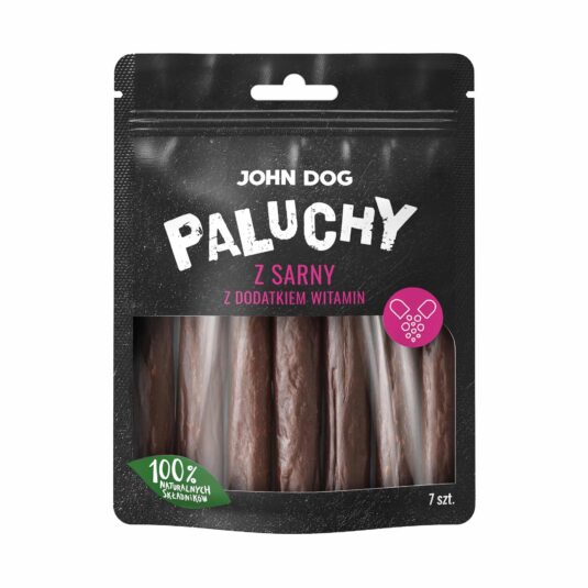 Natürliche Hundeleckerlis in Form von getrockneten Rogenfleischsticks, die mit Vitaminen angereichert sind. Schwarze Tüte mit einem transparenten Fenster, durch das du das Produkt sehen kannst. Auf der Verpackung steht "100% natürliche Zutaten" und ein rosa Vitaminsymbol.