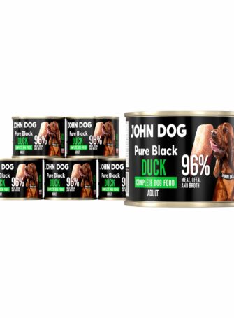 Set aus sechs 200g-Dosen John Dog Pure Black Nassfutter für Hunde. Enthält 96% Fleisch, Innereien und Entenbrühe.