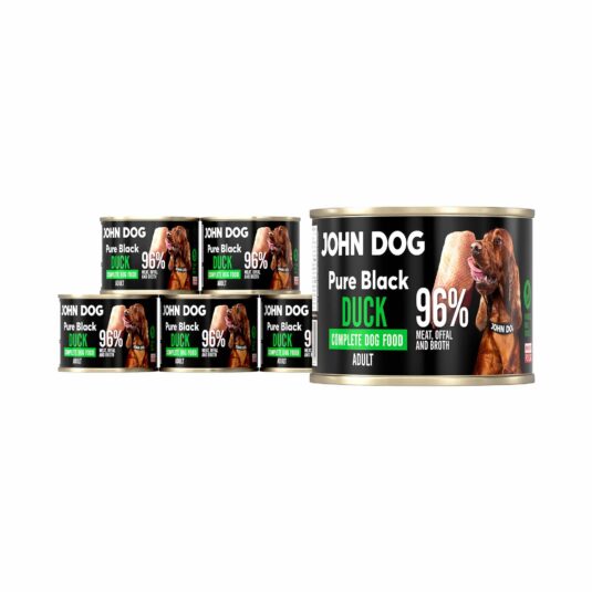Set aus sechs 200g-Dosen John Dog Pure Black Nassfutter für Hunde. Enthält 96% Fleisch, Innereien und Entenbrühe.