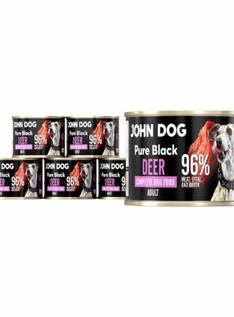 John Dog Pure Black Monoprotein-Hundefutter in einer 200g-Dose, verpackt zu sechst. Die Zutaten bestehen zu 96% aus Fleisch, Innereien und Wildbret.