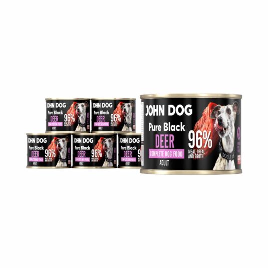 John Dog Pure Black Monoprotein-Hundefutter in einer 200g-Dose, verpackt zu sechst. Die Zutaten bestehen zu 96% aus Fleisch, Innereien und Wildbret.