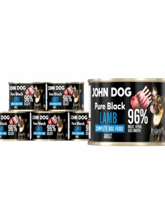 John Dog Hundenassfutter 200g, sechs Dosen enthalten. Enthält bis zu 96% Fleisch, Innereien und Lammfond.