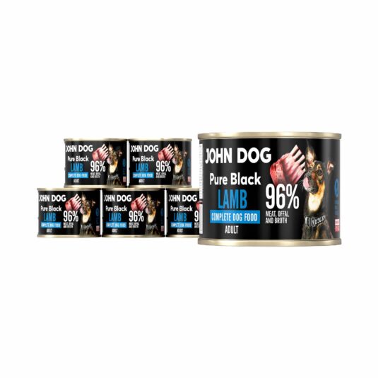 John Dog Hundenassfutter 200g, sechs Dosen enthalten. Enthält bis zu 96% Fleisch, Innereien und Lammfond.