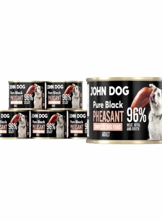 200g Nassfutter für Hunde in Dosen, Sechserpack. John Dog Produkt. Enthält 96% Fleisch, Innereien und Fasanenbrühe.