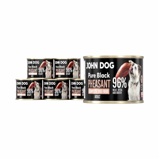 200g Nassfutter für Hunde in Dosen, Sechserpack. John Dog Produkt. Enthält 96% Fleisch, Innereien und Fasanenbrühe.