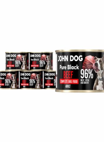 Ein 200g Nassfutter in Dosen von John Dog. Es enthält bis zu 96% Fleisch, Innereien und Rinderbrühe.