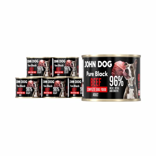 Ein 200g Nassfutter in Dosen von John Dog. Es enthält bis zu 96% Fleisch, Innereien und Rinderbrühe.