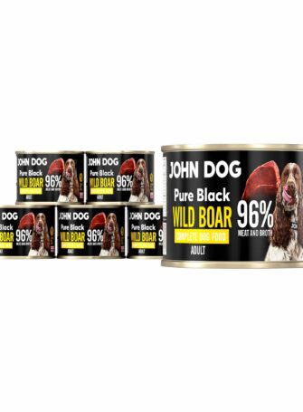 John Dog Monoprotein Hundefutter im Multipack. Pure Black in einer 200g-Dose. Enthält 96% Wildschweinfleisch und -brühe.