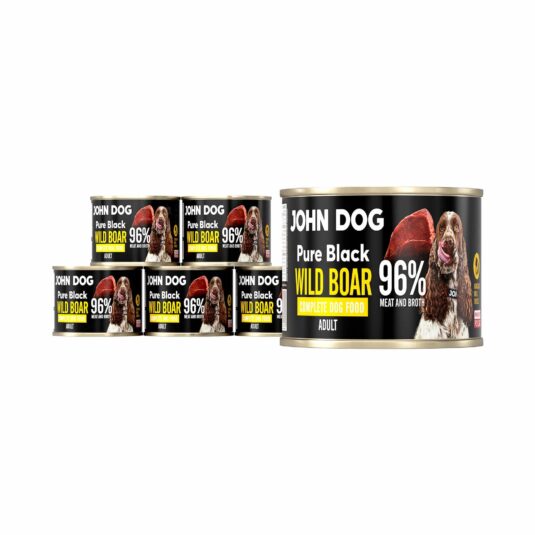 John Dog Monoprotein Hundefutter im Multipack. Pure Black in einer 200g-Dose. Enthält 96% Wildschweinfleisch und -brühe.