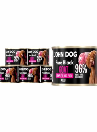 John Dog Pure Black, ein Monoprotein-Nassfutter in einer 200g-Dose, verpackt zu sechst. Enthält bis zu 96% Fleisch, Innereien und Ziegenbrühe.