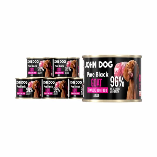 John Dog Pure Black, ein Monoprotein-Nassfutter in einer 200g-Dose, verpackt zu sechst. Enthält bis zu 96% Fleisch, Innereien und Ziegenbrühe.