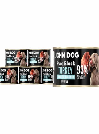 John Dog Pure Black Monoprotein Nassfutter für Welpen, 200g. Sechs Dosen enthalten. Inhalt: 93% Fleisch, Innereien und Truthahnbrühe.