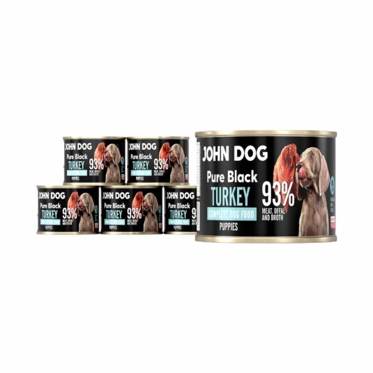 John Dog Pure Black Monoprotein Nassfutter für Welpen, 200g. Sechs Dosen enthalten. Inhalt: 93% Fleisch, Innereien und Truthahnbrühe.
