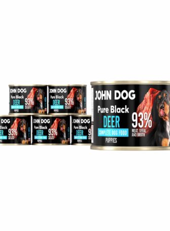 Nassfutter für Welpen von John Dog, 200 g, sechs Dosen enthalten. Enthält bis zu 93% Fleisch, Innereien und Hirschbrühe.