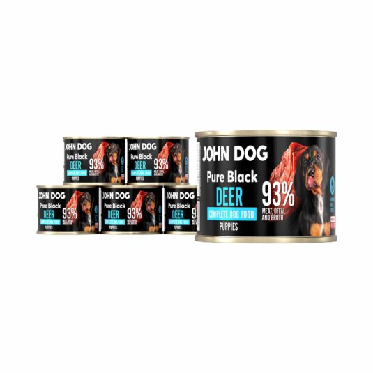 Nassfutter für Welpen von John Dog, 200 g, sechs Dosen enthalten. Enthält bis zu 93% Fleisch, Innereien und Hirschbrühe.