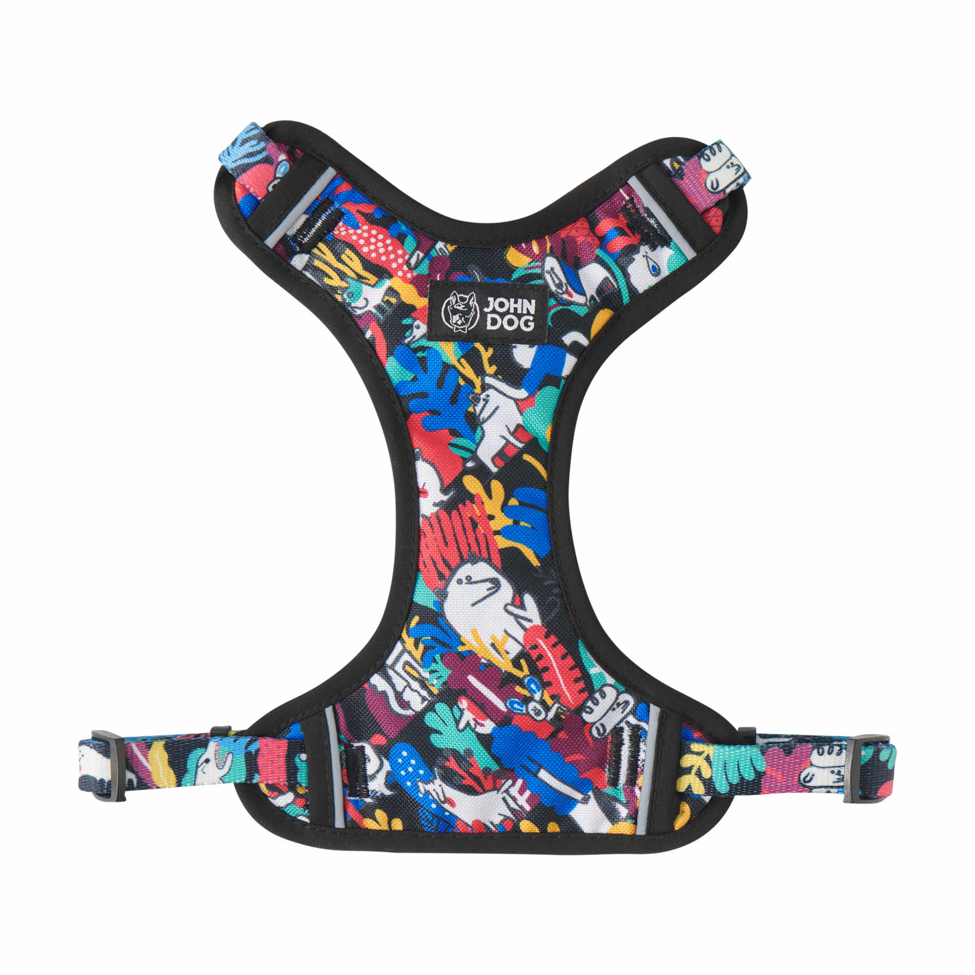 Druckloses H-förmiges Hundegeschirr mit einem bunten, von Barcelona inspirierten Aufdruck. Die Vorderseite des Geschirrs ist mit dem John Dog-Logo und abstrakten Figuren und Pflanzen in leuchtenden Farben verziert. Die Gurte haben schwarze Säume, sind verstellbar und werden mit Schnallen geschlossen.