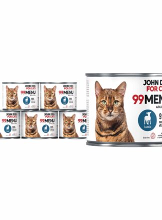 Set aus sechs kleinen Dosen Nassfutter für Katzen mit Lamm, Linie 99 Menu.