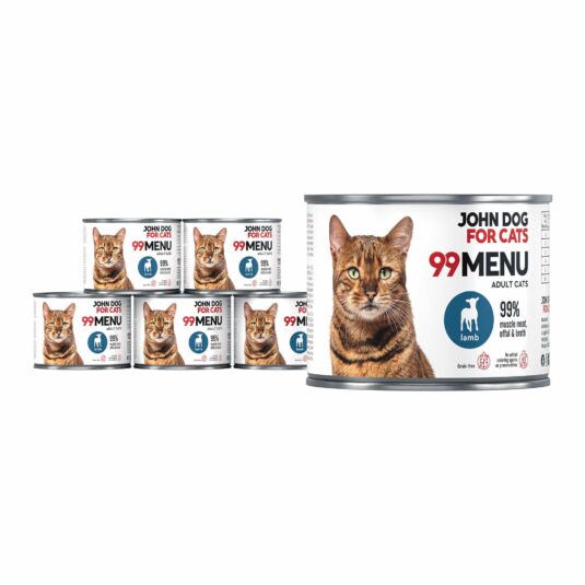 Set aus sechs kleinen Dosen Nassfutter für Katzen mit Lamm, Linie 99 Menu.