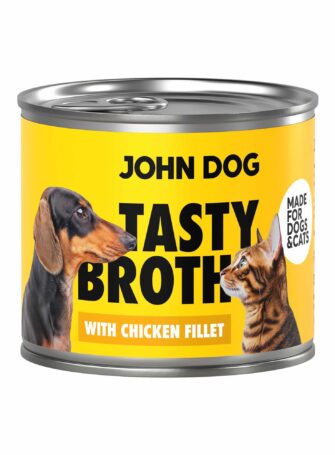 John Dog Tasty Broth Nassfutterdose mit Huhn für Hunde und Katzen. Die Verpackung zeigt ein Bild von einem Hund und einer Katze.