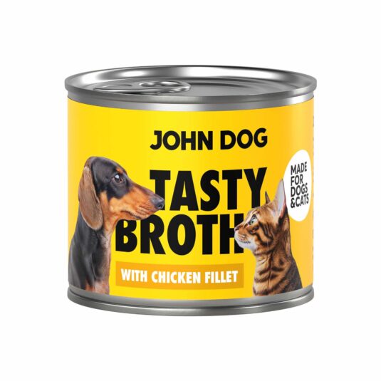John Dog Tasty Broth Nassfutterdose mit Huhn für Hunde und Katzen. Die Verpackung zeigt ein Bild von einem Hund und einer Katze.